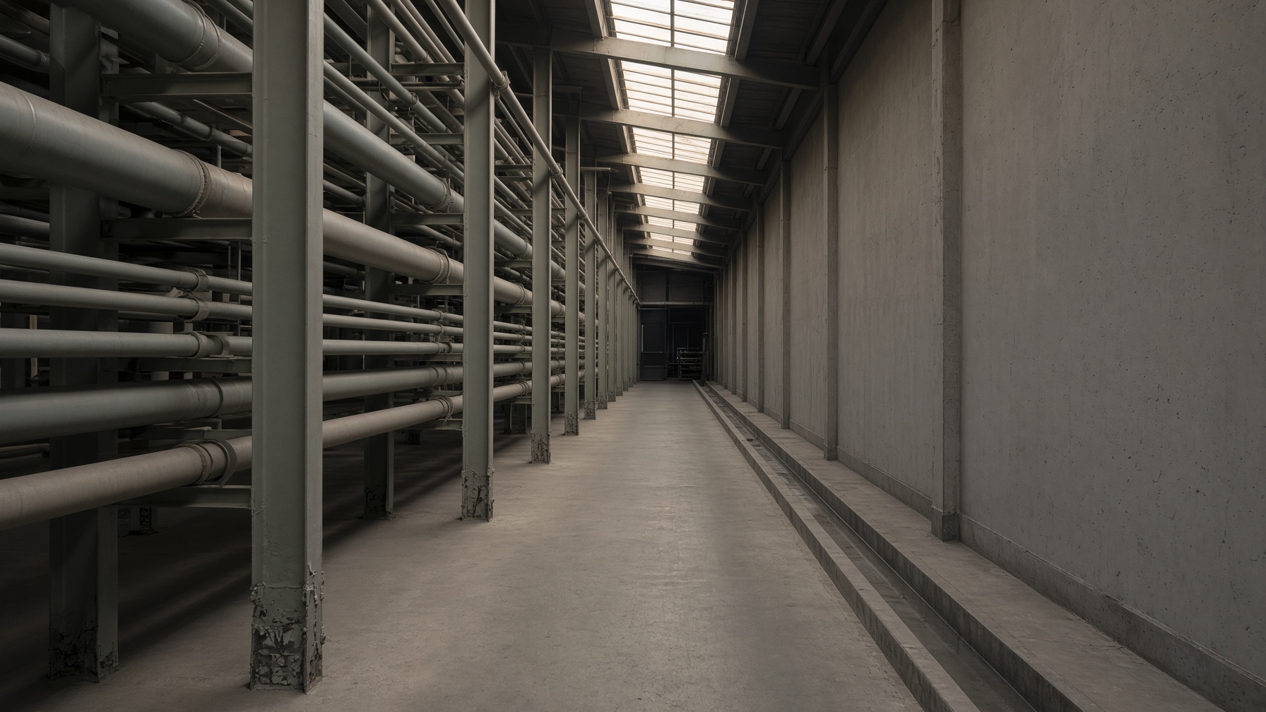 Industrial pipe racks in a quiet plant corridor